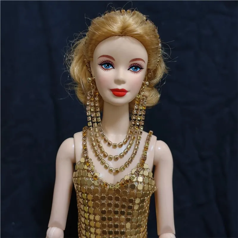 30cm Supermodel Doll Exquisite Clothes Jewellery Gold Evening Gown With Diamond Necklace Earring High Heel For 1/6 Xianxian Doll