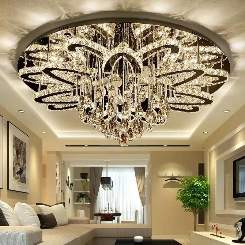 LED Moderne Cristal Acier Inoxydable Rond Réglable Lustre Éclairage Lampara De Techo Pour Foyer Salon Décor À La Maison