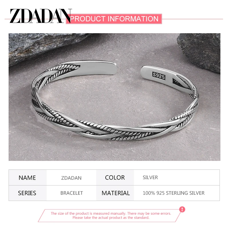 ZDADAN 925 فضة خمر التقلبات المفتوحة الكفة سوار وأساور للنساء مجوهرات الأزياء