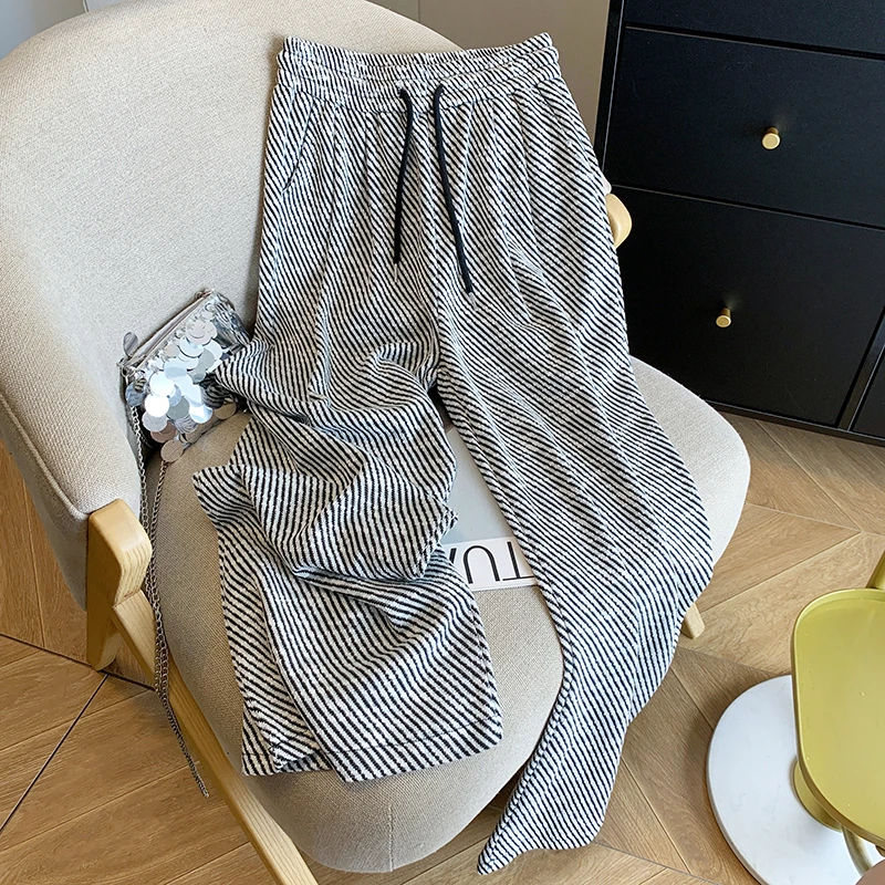 

High Waist Wide Leg Casual Striped Pants for Women Autumn Winter New Arrival Outerwear Knitted Straight Leg Trousers