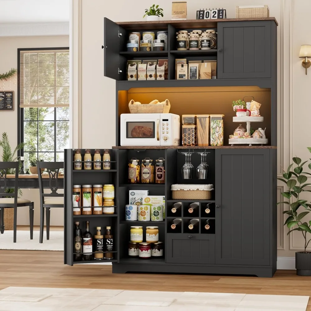 71 Pantry Cabinet with LED Light and Charging Station, Kitchen Pantry Cabinet with Microwave Stand, Kitchen Hutch Food
