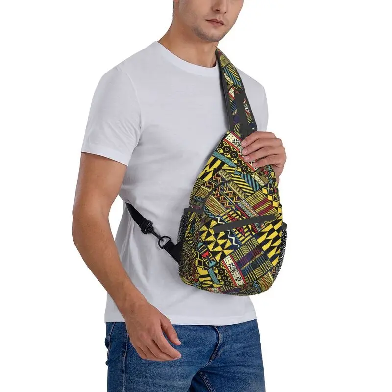 Patchwork Kitenge Ankara Nigeria Sling Bag for Cycling Camping African Geometric Art Crossbody Chest Backpack Shoulder Daypack