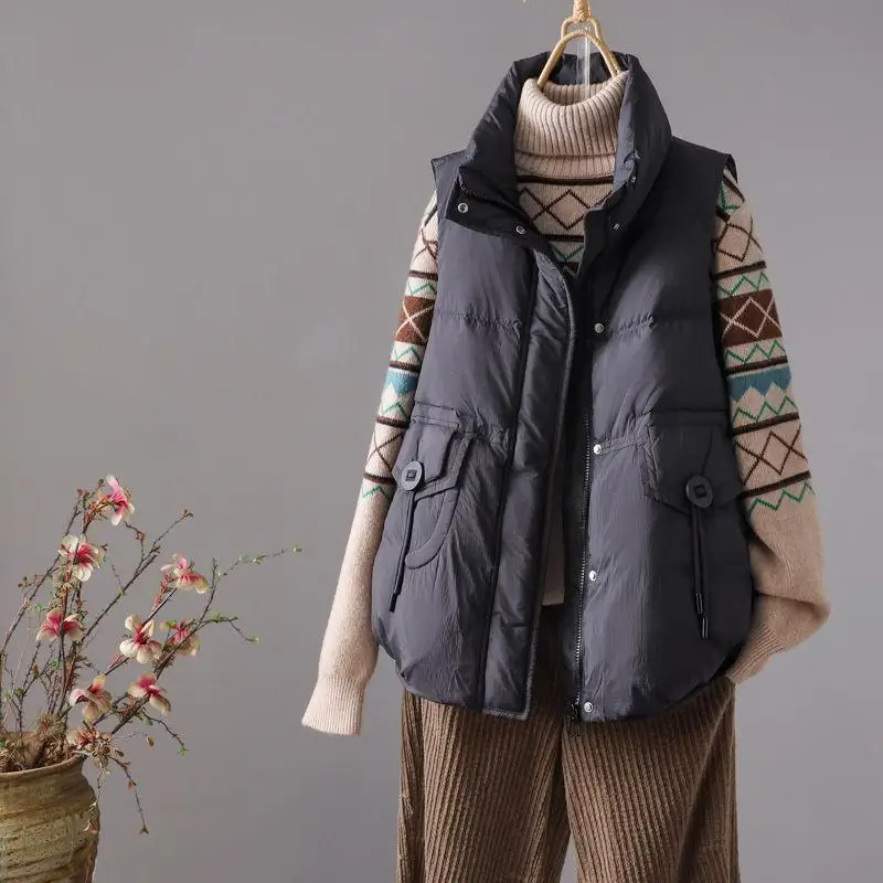 

Модный белый пуховый жилет для женщин, повседневная куртка с длинными рукавами и воротником-стойкой, приталенная верхняя одежда, новинка зимнего сезона