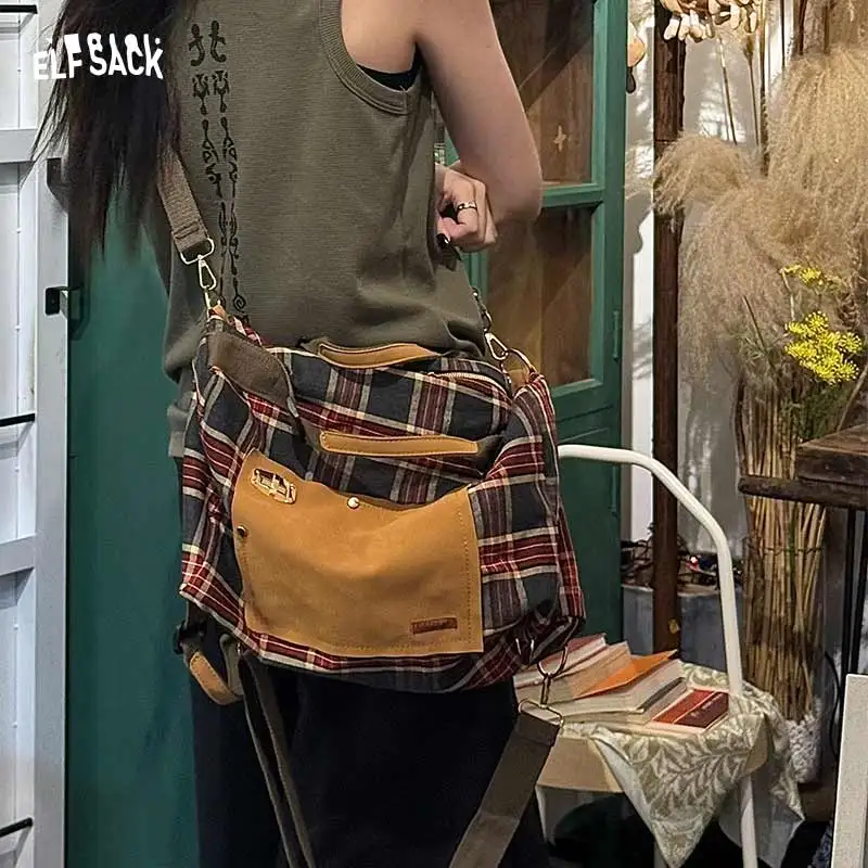 

ELFSACK 2025 Autumn New Arrivals Casual Retor Plaid Patchwork Multi-Purpose Bag For Woman