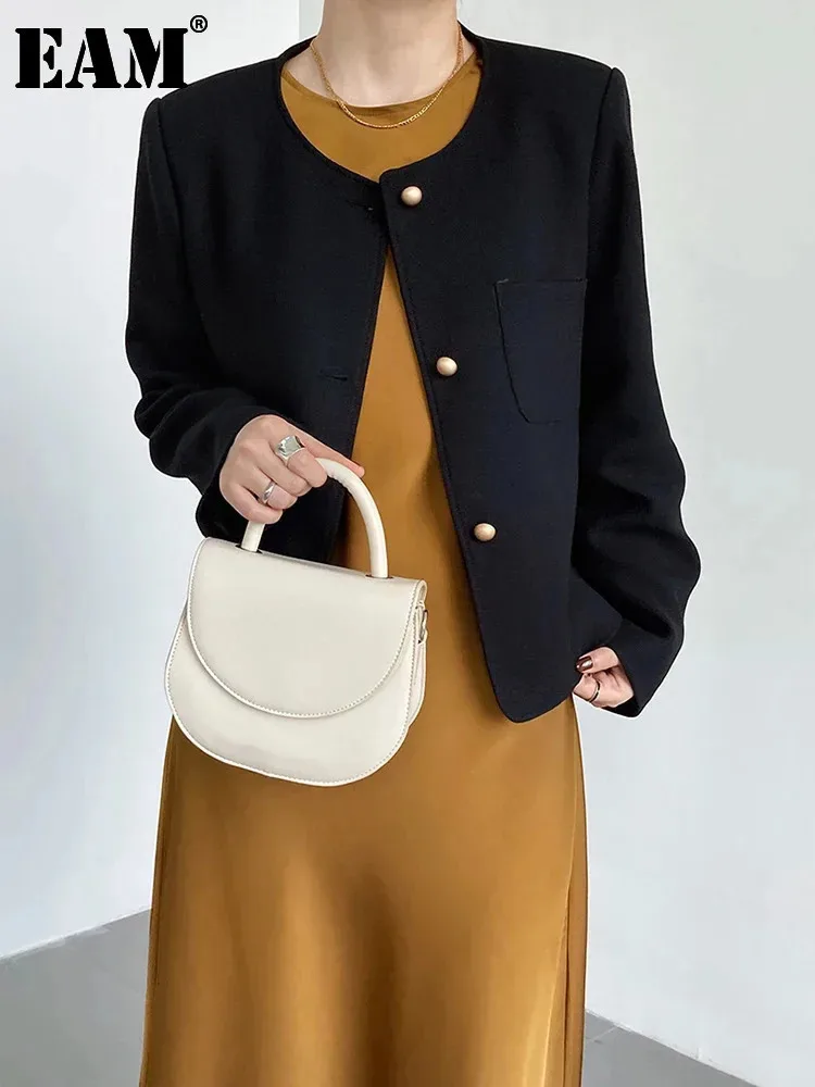 [EAM] Black Pocket  Elegant Big Size Tweed Jacket New Round Neck Long Sleeve Women Coat Fashion Tide Spring Autumn 2025 1DH6370