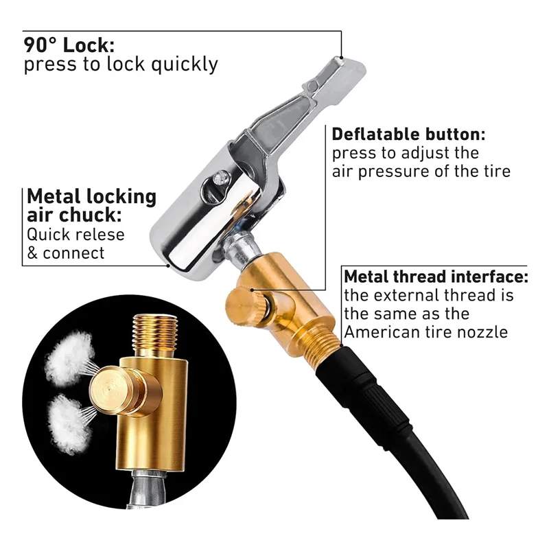 2Pcs Lock On Air Chuck Tire Inflator,Metal Locking Tire Air Chuck With Air Release Valve,8Mm Standard Tire Valve Thread Durable