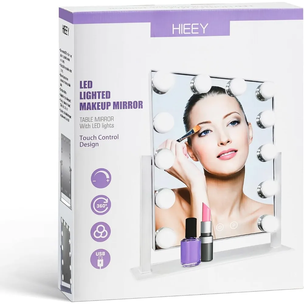 Miroir de courtoisie avec 12 ampoules à intensité variable, 3 modes de couleur, grossissement 5X, commande tactile intelligente et 360 °   Rotation dans une boîte cadeau blanche