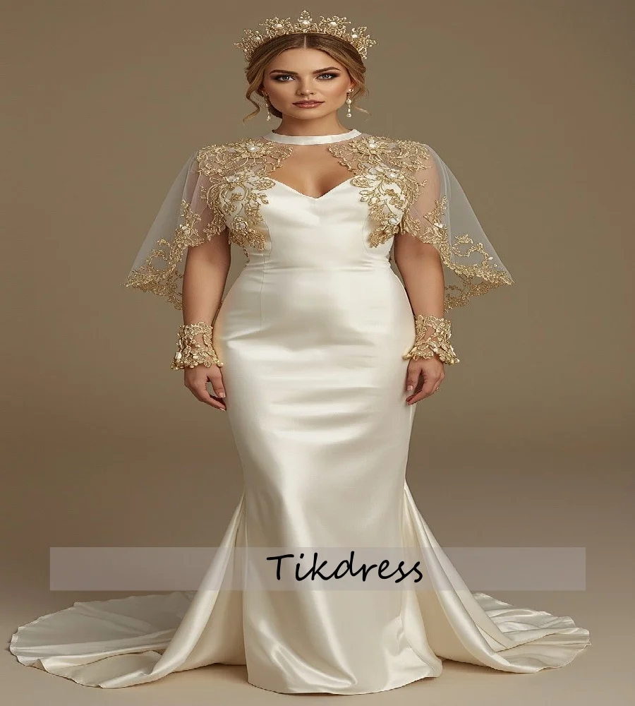Elegant Mermaid Wedding Dress With Cape Gold Lace Soft Satin Boho Bridal Dress 2026 Minimalis Beach Bride Dress Gold Lace Rustic