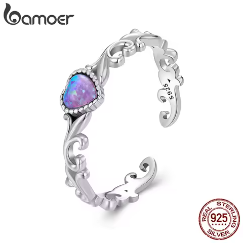 BAMOER 925 Sterling Silver Opal Retro Pattern Ring for Women, Adjustable Opal Heart Ring Chic Jewelry Gift BSR636