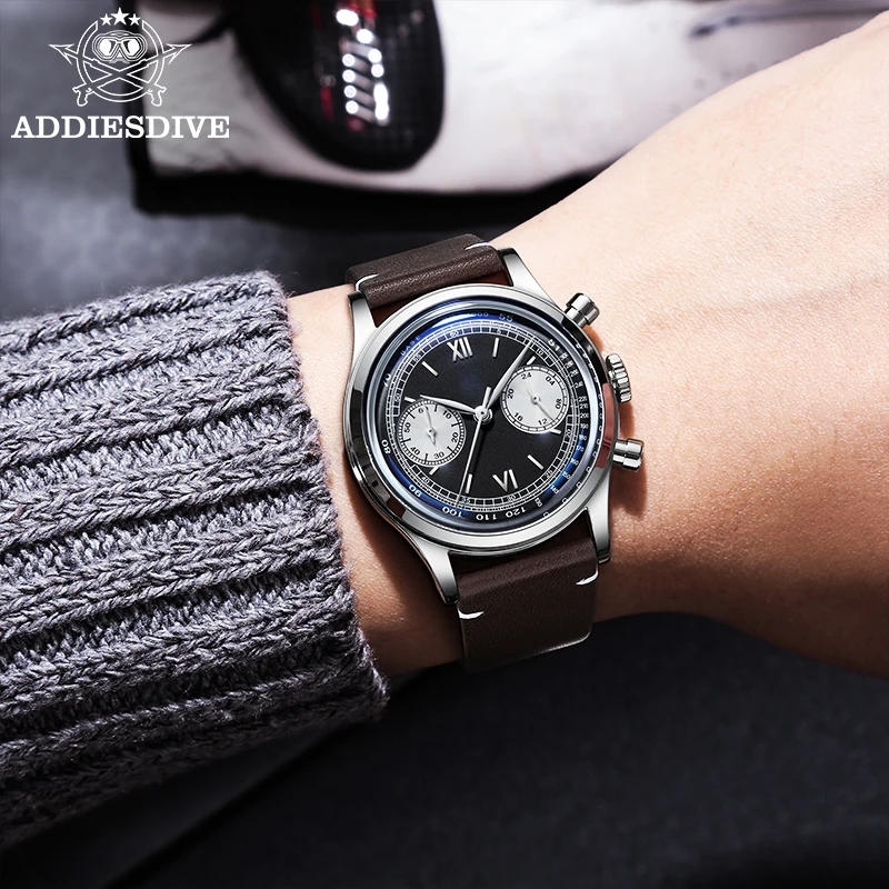 ADDIESDIVE Retro Watches Men Chronograph Fashion Leather Waterproof Luxury VK64 Quartz Watch Bubble Mirror Glass Wristwatch