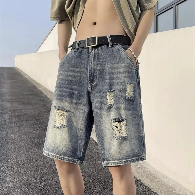 

American Waed Vintage Men's Denim orts Summer Trendy Loose Straight Five-Point Pants Teenage Polyester Fiber Micro Stretch