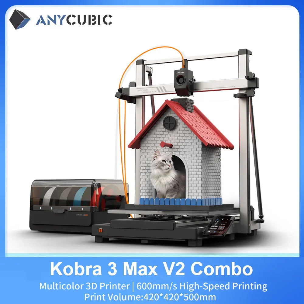 ANYCUBIC Kobra 3 Max V2 Mehrfarbiger 3D-Drucker Max. 600mm/s Druckgeschwindigkeit Große Baugröße 500*420*420mm Smart-App-Steuerung