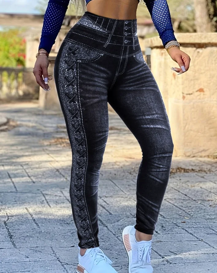 

New Casual Side Floral Print Fake Denim High Waist Pants for Women Workout Leggings Women's Fashion Butt Lifting Tights Trousers
