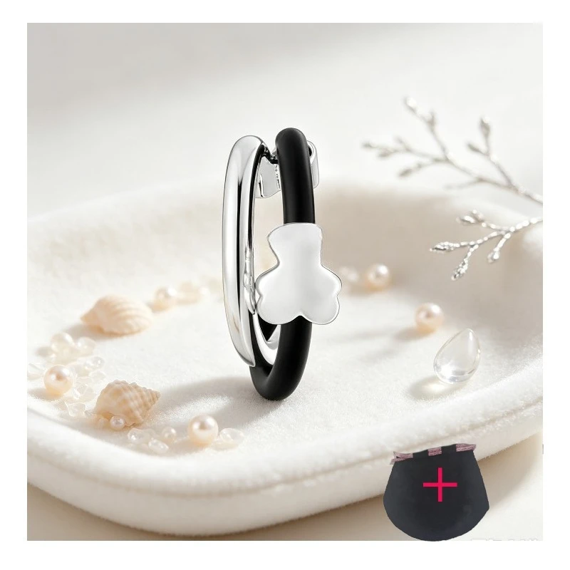 Women Cute Bear Open Adjustable Ring Silver Plated With Black Rubber Cushion Dainty Stackable Daily Wear Finger Accessories