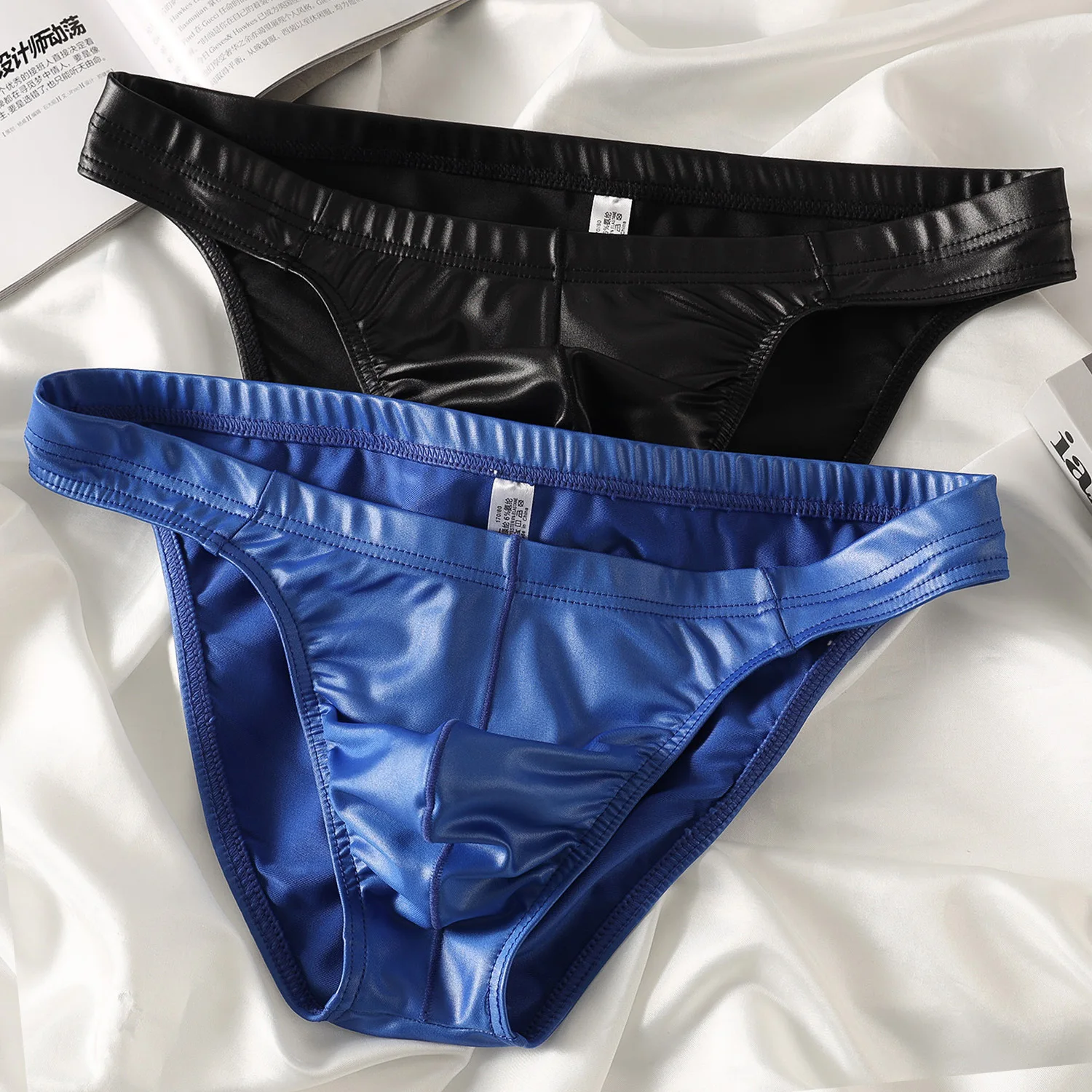 Men's Sexy Faux Leather Briefs Shiny Low Waist Triangle Underwear Breathable Comfortable Male Underpants