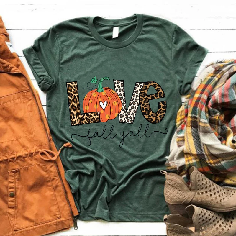 Love Fall Y'All Shirt Leopard Print Fall Tshirt Thanksgiving Hello Pumpkin Top Fall Vibes Peace Thanksgiving Family Clothes L