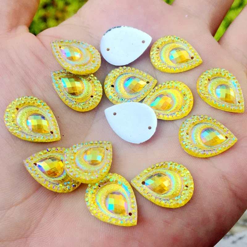 40pcs Peacock eye AB Resin 13*18mm DIY beads Flatback rhinestone applique scrapbook DIY 2 Hole buttons ornaments -HB25