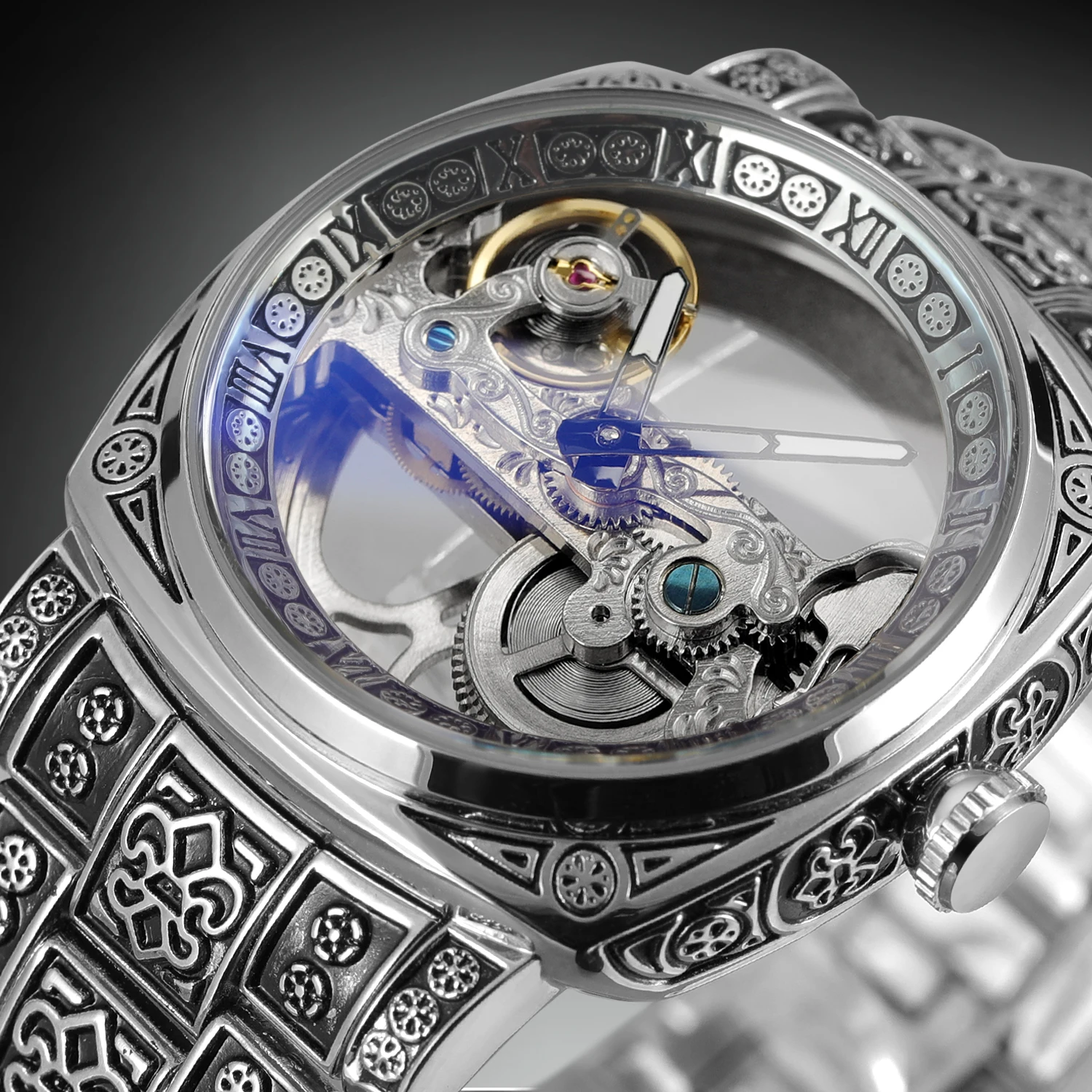 Forsining Retro Skeleton Automatic Watch for Men Luminous Hands Engraved Stainless Steel Strap Luxury Brand Mechanical Watches