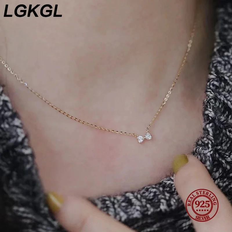 LGKGL-925 Colar de Prata Esterlina para Mulheres, Banhado a Ouro 14k, Arco de Zircão Brilhante, Corrente Amor, Jóias para Festa Adolescente, Romântico