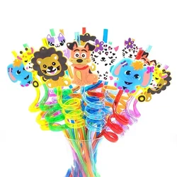 8pcs 26cm Jungle Animals Reusable Plastic Helical Drinking Straws Elephant/dogs/lion/giraffes Straw Kids Birthday Party Decor