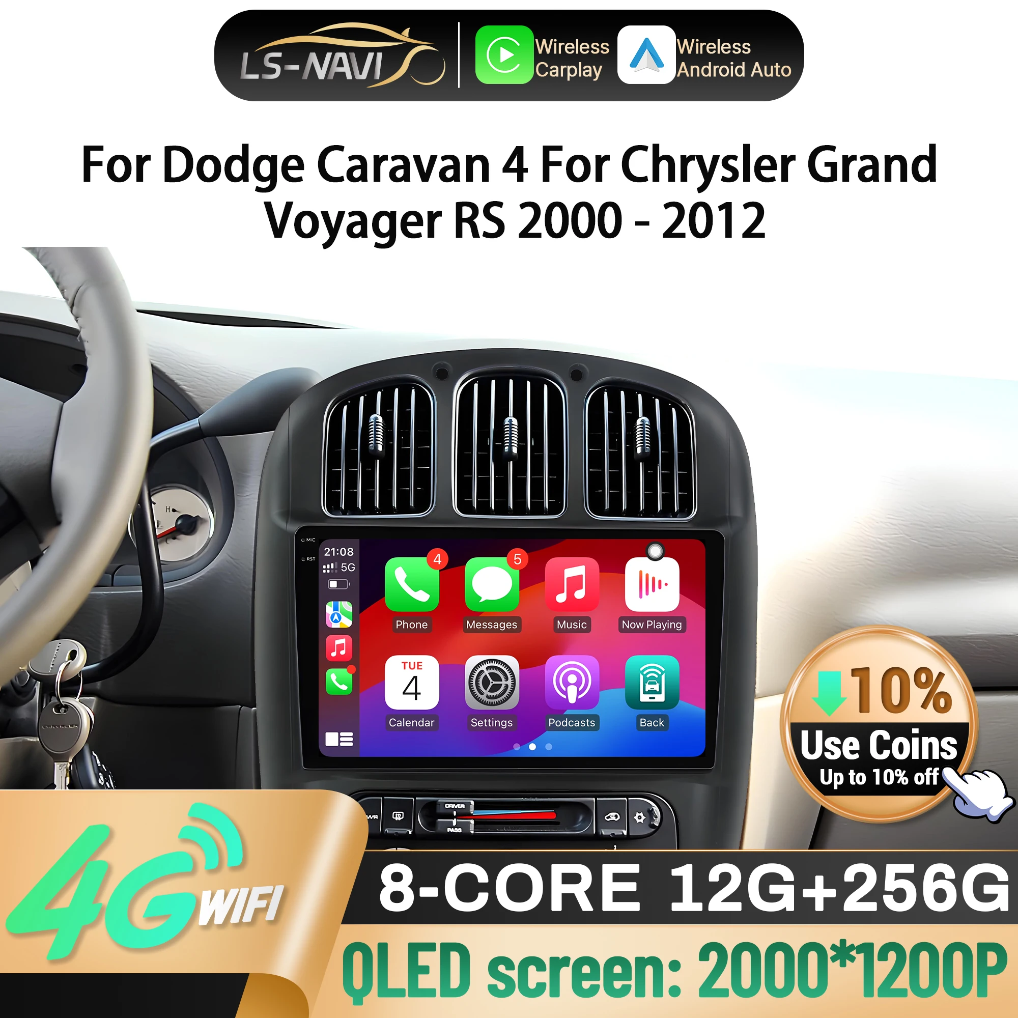 

For Dodge Caravan 4 For Chrysler Grand Voyager RS 2000-2012 GPS Car Radio Multimedia Wireless Android 14 CarPlay 2K QLED Screen