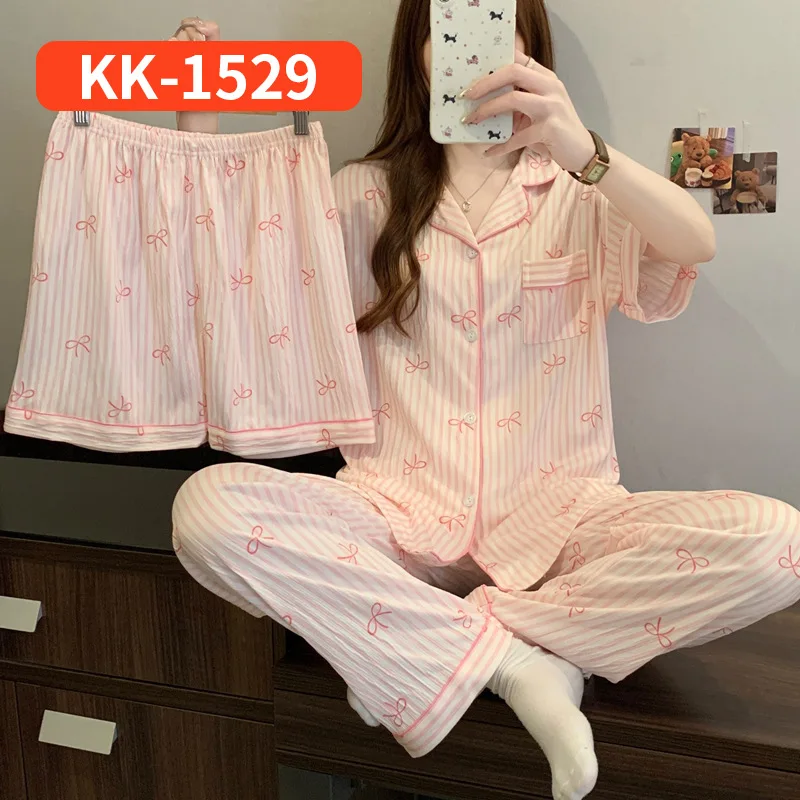 Summer Women's Hot Selling Short Sleeved Sleepwear Home Suit Set, Bow Tie Striped Short Sleeved Pants Home Suit Three Piece Set