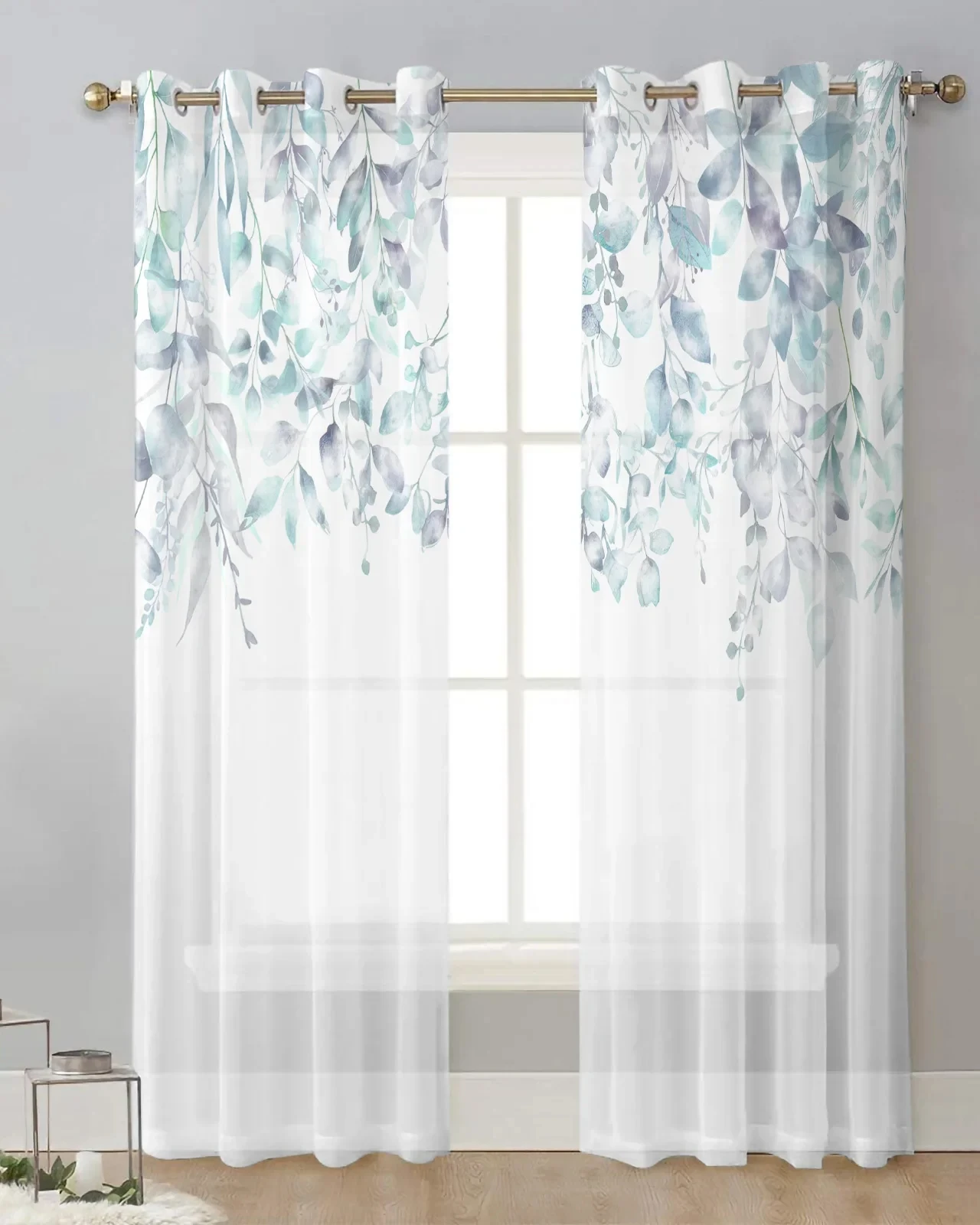 

Watercolor Flowers Plants Leaves Blue Tulle Curtains Living Room Kitchen Sheer Window Treatments Voile Drapes With Grommets