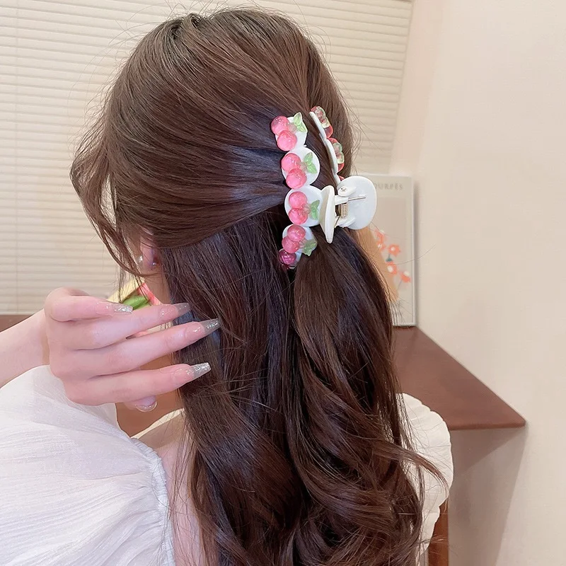 Spring and summer new transparent pink peach grab clip soft girl Japanese sweet hair clip shark clip hair accessories headdress