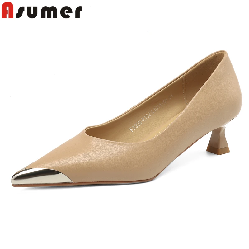 

ASUMER 2024 New Genuine Leather Shoes Women Pumps Metal Pointed Toe Stiletto High Heels Solid Color Ladies Office Dress Shoes