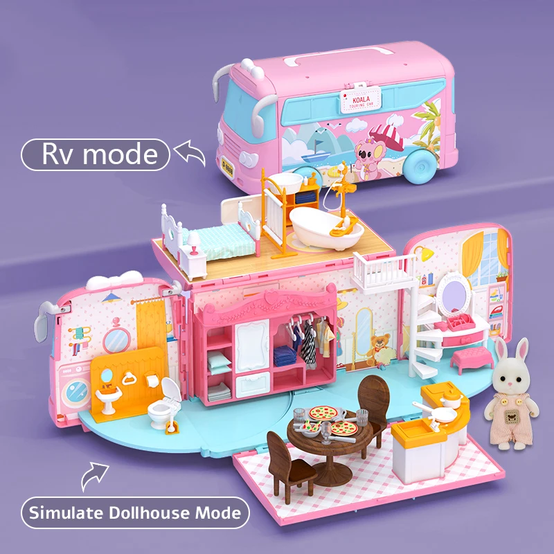 Portable Camper RV Toy Set Role-playing Scene Toy Rabbit Doll Mini Cabin 3-6 year old girl Christmas gift (with rabbit clothes)