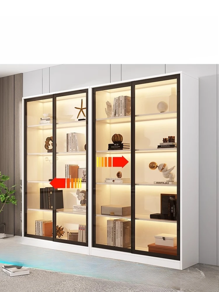 

Sliding door custom bookcase integrated light luxury modern living room display cabinet with glass door bookshelf