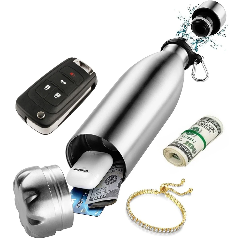 Diversion Safe Water Bottle - Stainless Steel Bottle with Hidden Compartment for Cards, Keys, Cash & Valuables.