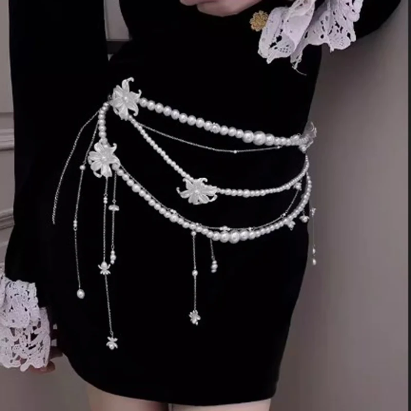 

Multi-layer Pearl Flower Tassel Waist Chain Decorations Retro Pearl Waist Chain Banquet Charm Women Body Chain Jewelry Waistband