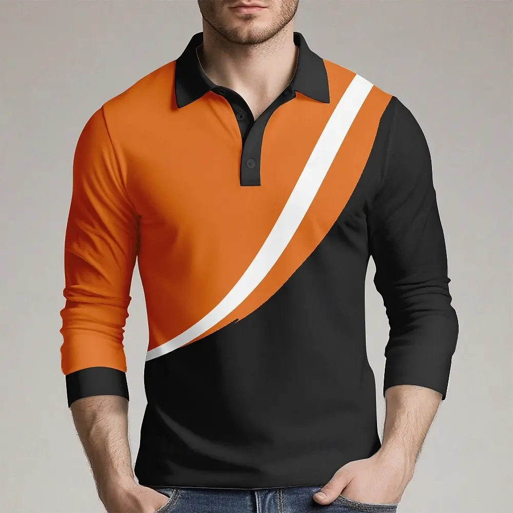 

Fashion Stripe Long Sleeve Polo Shirt For Men 3D Print Creative Design Lapel Button Pullover Autumn Breathable Quick Dry Clothes