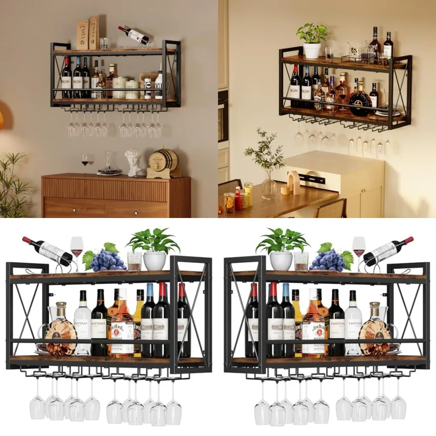 

Wall Mounted Wine Rack, Bottle Glass Holder Wood-Metal Retro Wine Rack, Wine Bottles Display Wall Storage for Kitchen Dining Ro