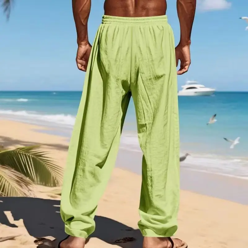 

2026 New Men Beach Pants Joggers Streetwear Cotton Linen Sweatpants Casual Pants Hawaiian Vacation Loose Summer Long S-3XL