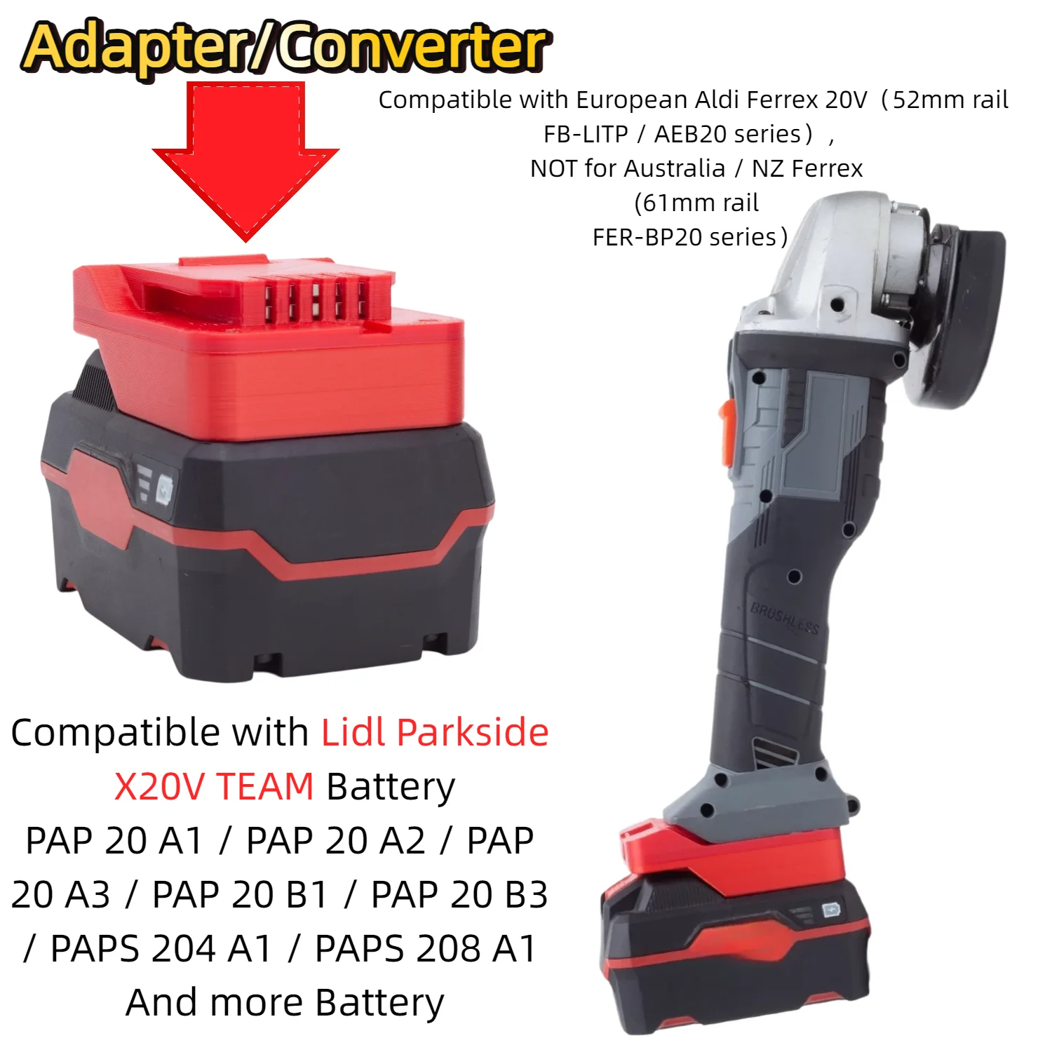 Batterieadapter/Konverter für Lidl Parkside X20V TEAM-Serie-Batterie auf Aldi Ferrex 20V Active Energy Elektrowerkzeuge (nur Adapter)