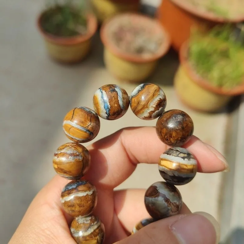 Natural mammoth tusks round beads bracelet for men and women, original color, high-density, vintage-style decorative bead string