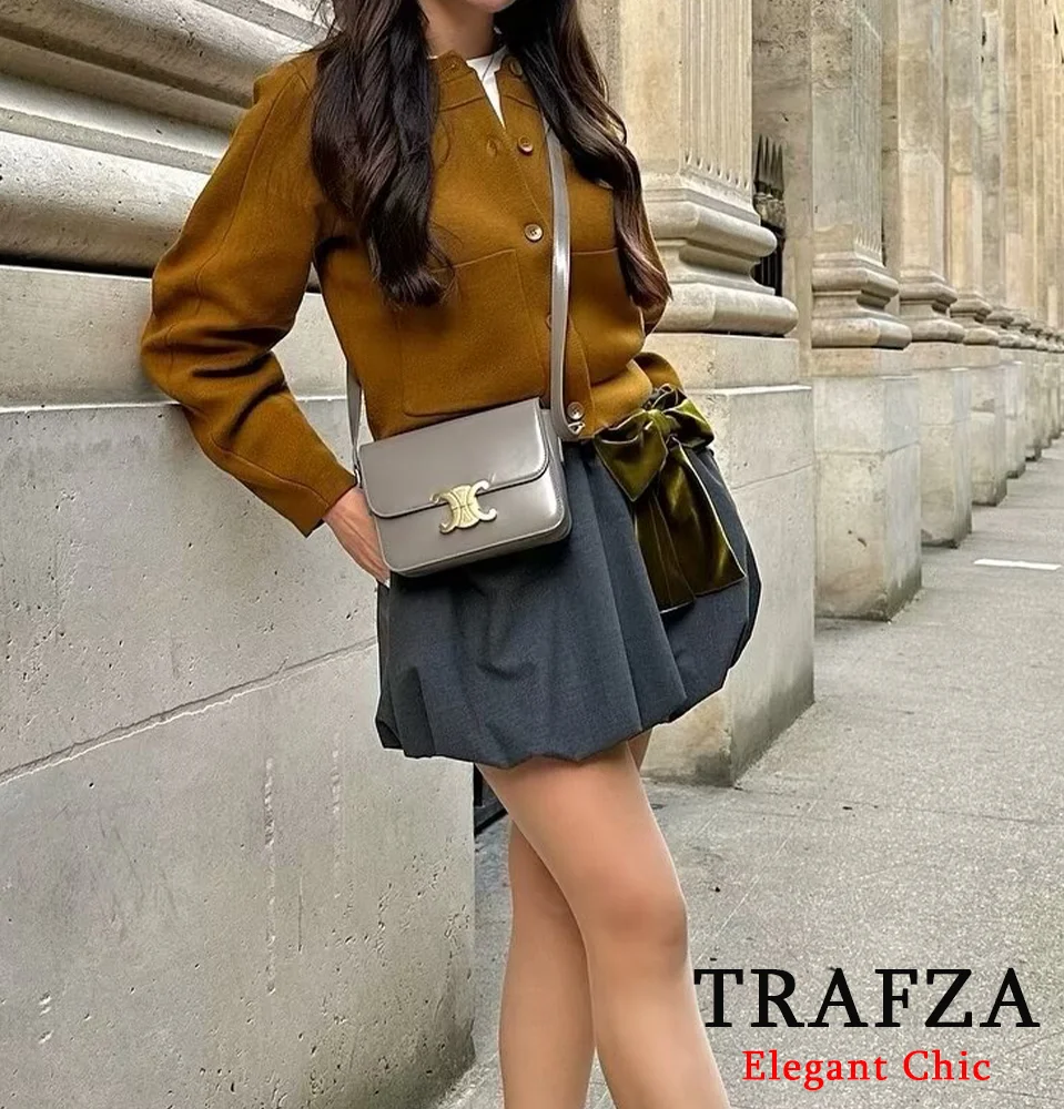 TRAFZA Women Fashion Bow Mini Skirt Velvet Bow Balloon-style Skirt New 2024 Spring Summer Elegant Sweet Vacation Skirt