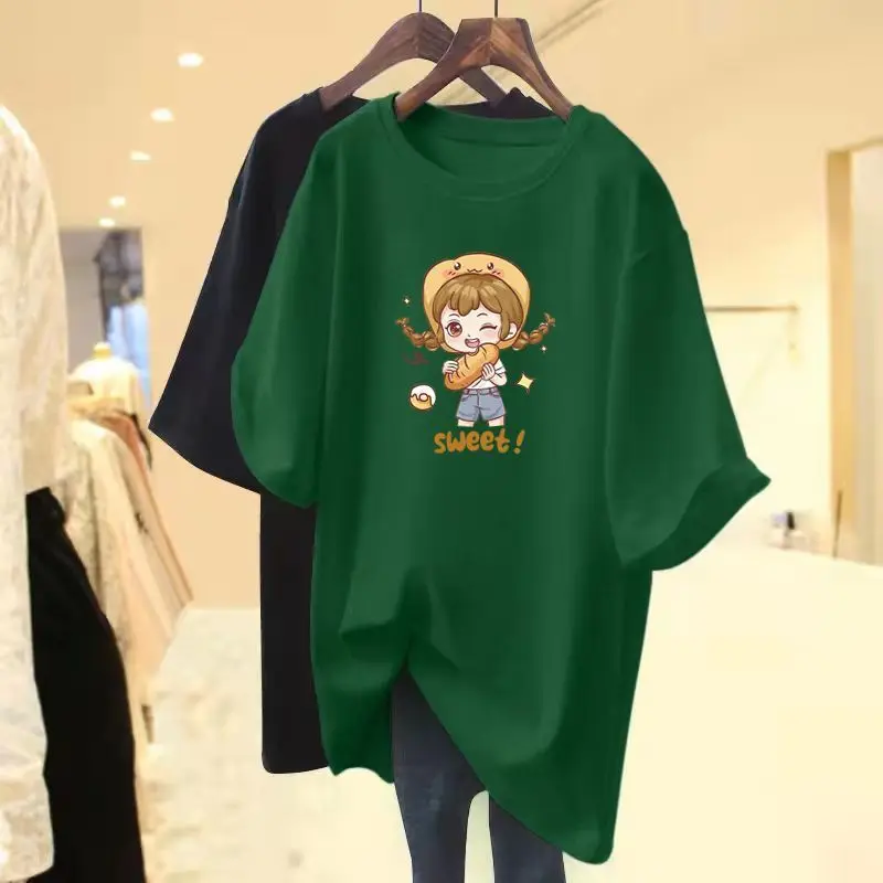 

Women Clothing Cartoon Printed Basic T-shirt, Casual Loose Short Sleeve Top Tee, 100% Cotton Vintage O-neck Pullovers