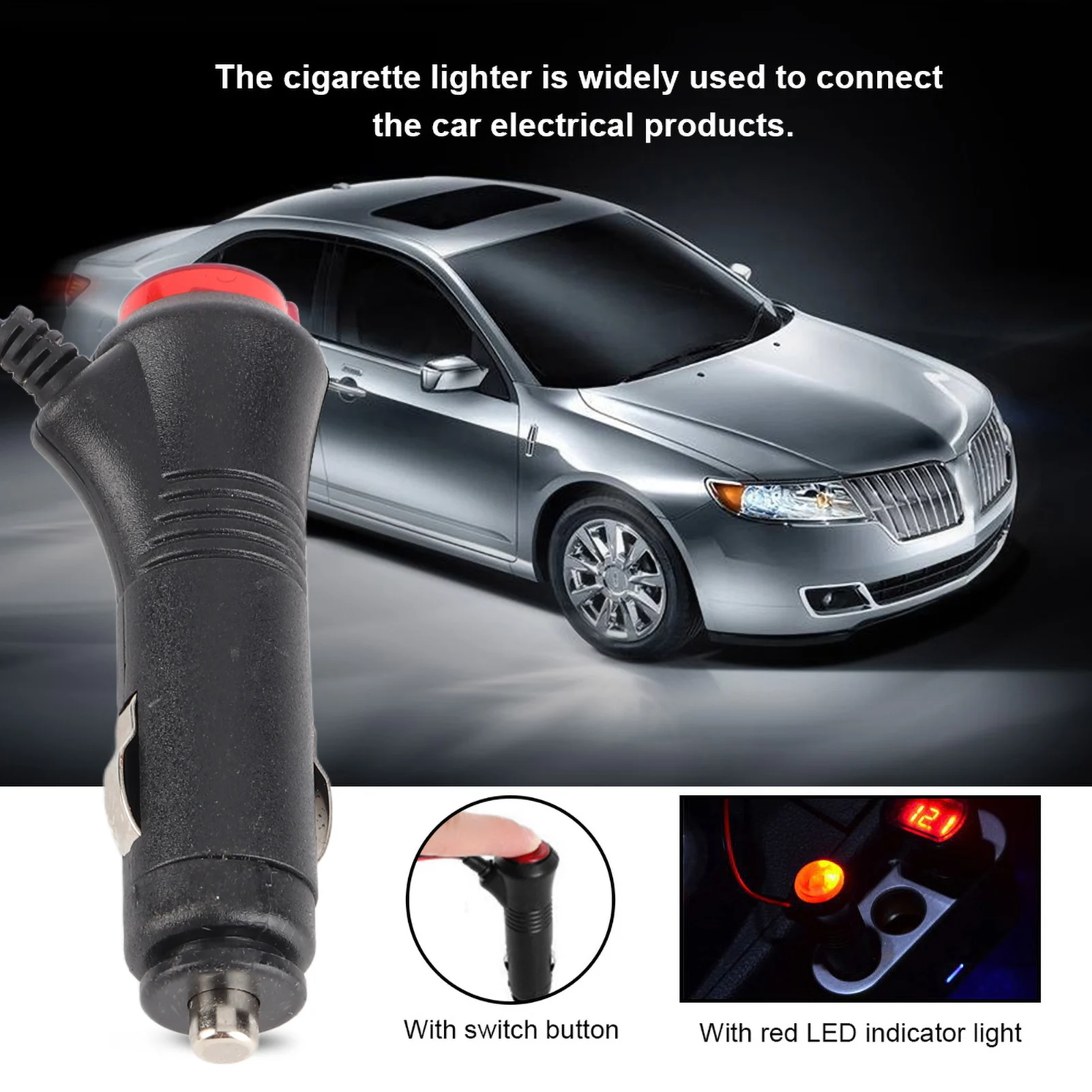 12V 24V Car Male Cigarette Lighter Plug 1.5m Male Car Cigarette Lighter Connector Socket Power Plug Adapter On Off Switch Fuse