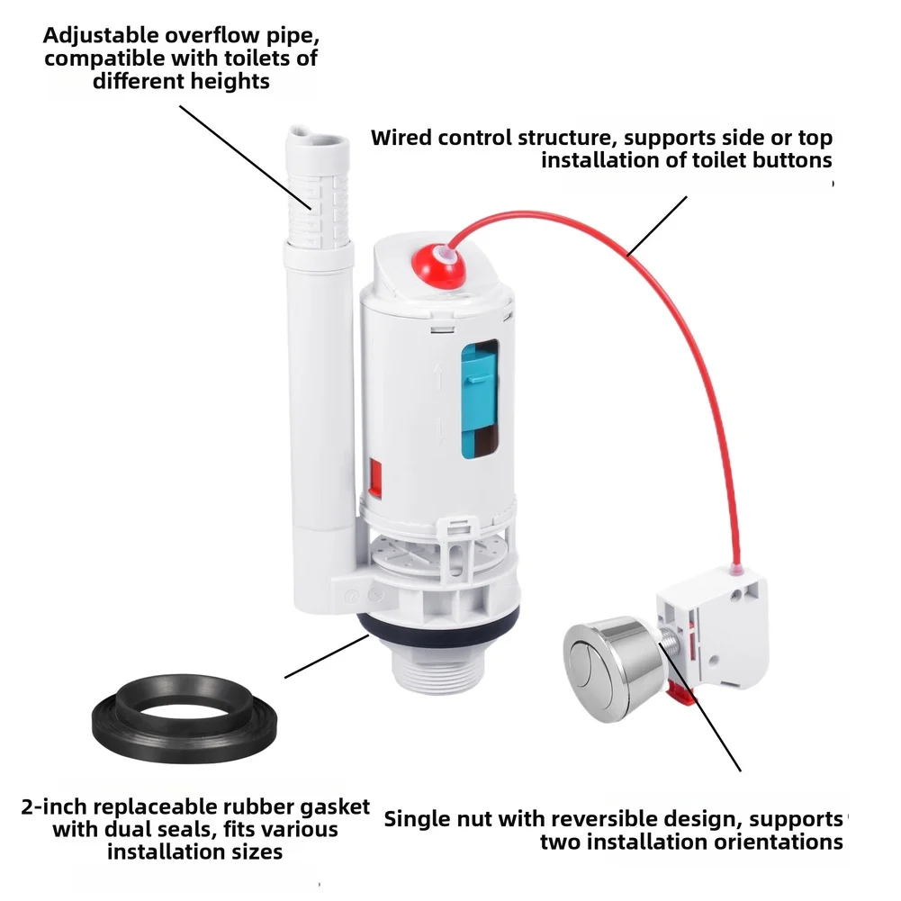 Dual Flush For Toilet Tank Drain Valve with Top Side Front Push Button Design Fits 1.5 inch and 2 inch Cisterns