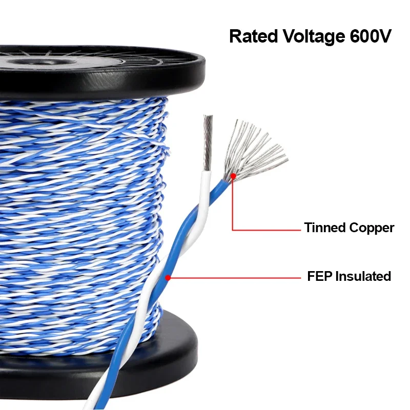 1~10m AFS200 Twised Pair Cable FEP Insulated 26/24/22/20/18/17/15/13AWG High Temperature Tinned Copper 2Pin Signal Wire Line