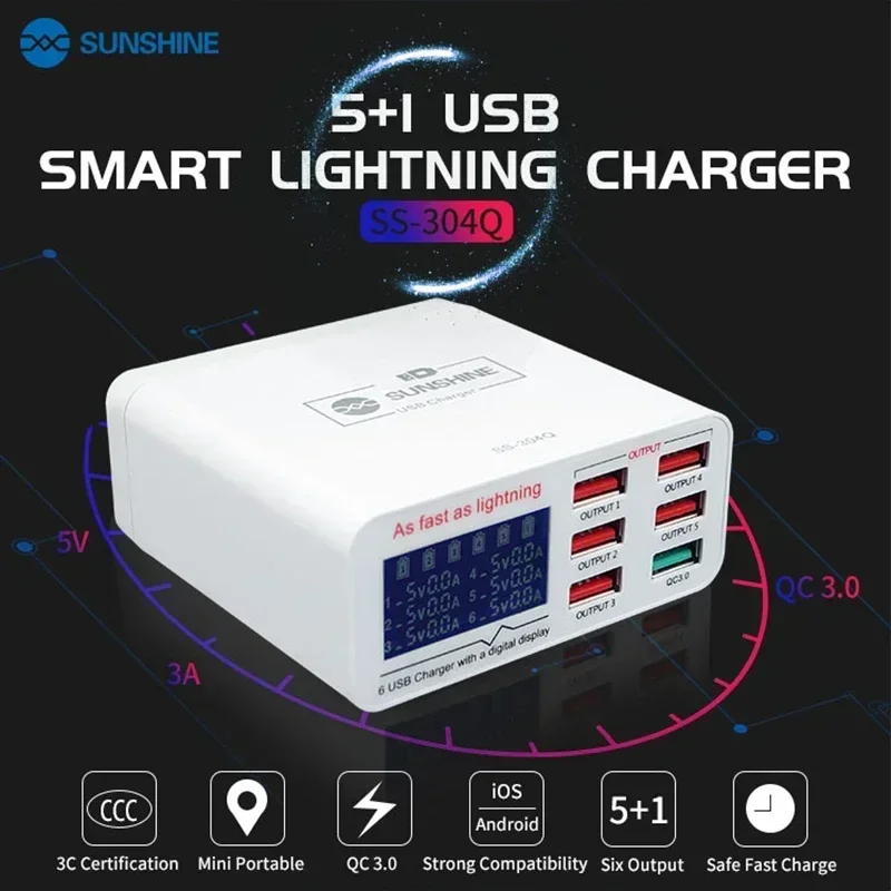 SS-304Q 6 Poort Lcd Usb Lader 2.4a Snel Opladen Ondersteuning Intelligentie Qc 3.0 Compatibiliteit Voor Ipad/Iphone Huawei Xiaomi Vivo