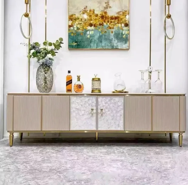 220 * 40 * 60 Champagne Gold Modern Light Luxury TV Cabinet Deep Sea Shell Marble TV Cabinet