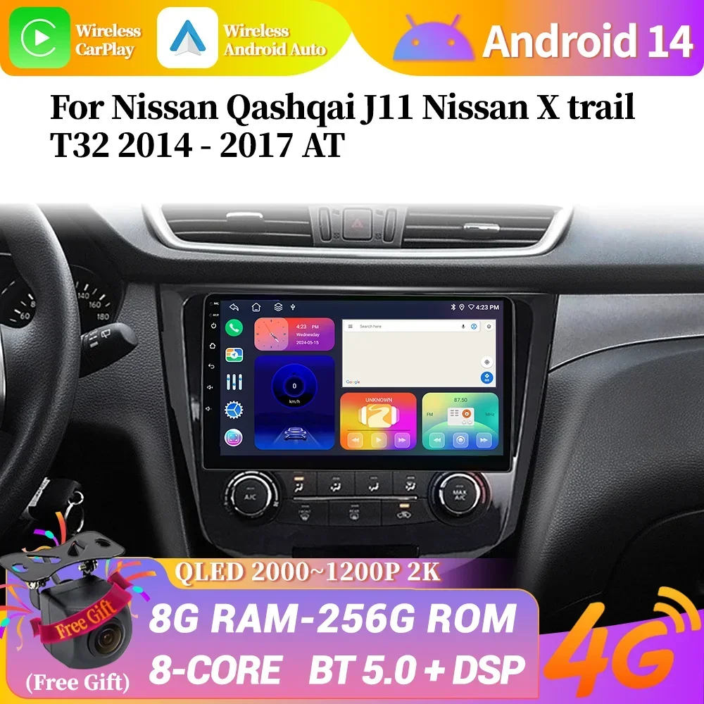 Android 14 For Nissan Qashqai J11 Nissan X trail T32 2014-2017 AT Car Radio Multimedia Navigation 4G GPS BT CarPlay Touch Screen