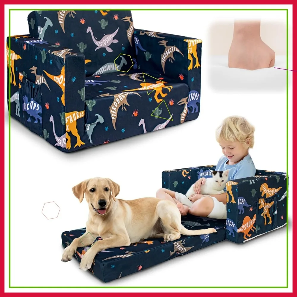 2-in-1 Kids Fold Out Couch, Convertible Sofa to Lounger for Toddlers 1-3 Years, Dinosaur Design