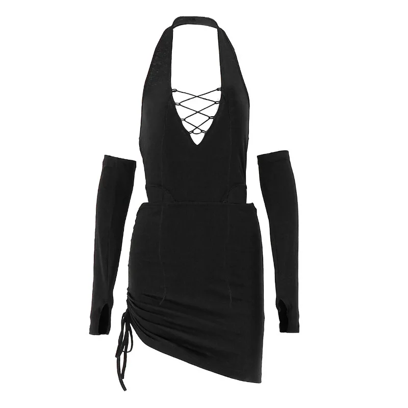 DSMTRC New Gothic Hollowed Bandage Backless Bodysuit With Low-waist Draw-string Mini Skirt Outfits Sexy Y2K Skinny 2 Piece Sets