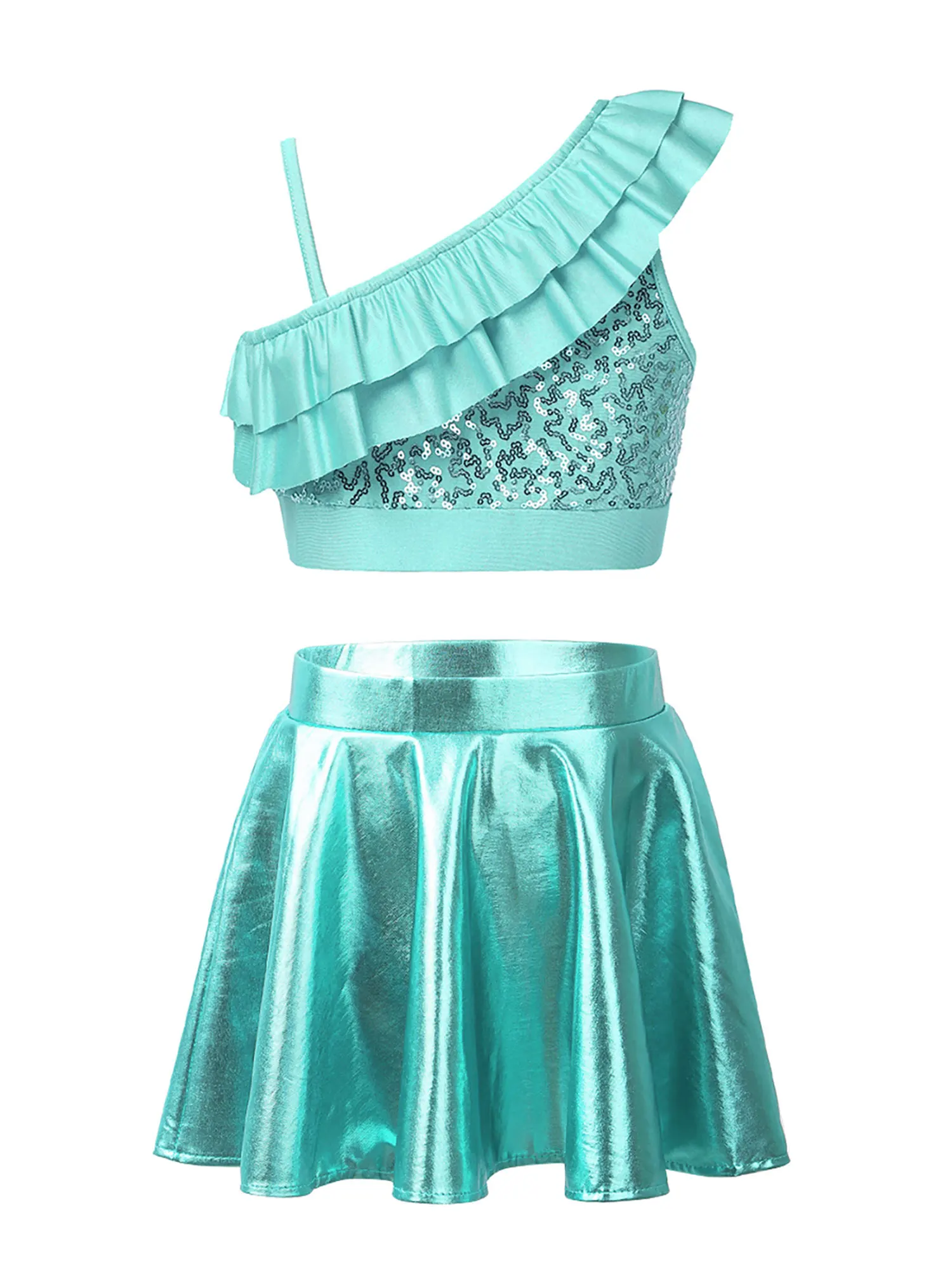Kinderen Meisjes Ballet Jazzdans Outfit Tweedelige Tieners Danskleding Sets Pailletten Crop Top met Metallic Rok Prestatiekostuum