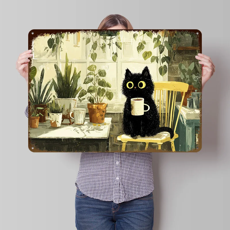 Morning Ritual – Black Cat With a Cup Metal Poster Customized Wall Art Retro Vintage Metal Signs for Man Cave Decoration Gaming